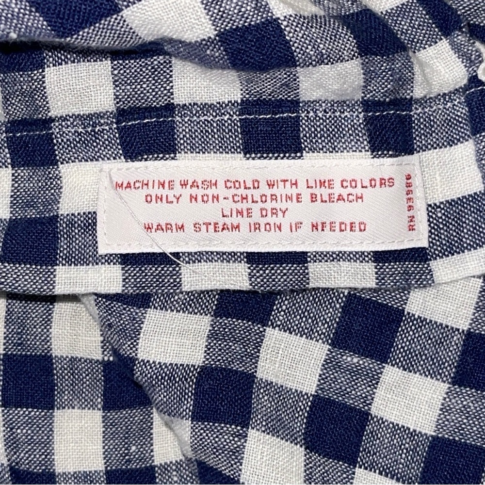 Brooks Brothers 346 Medium 100% Linen Navy Blue White Checkered Button Down EUC - Picture 3 of 7